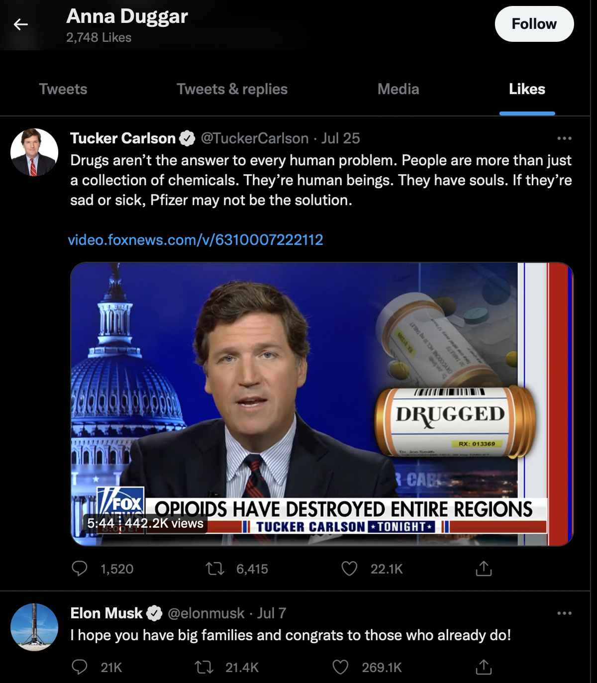 Anna Duggar cryptically likes Tucker Carlson tweet about the opioid epidemic.