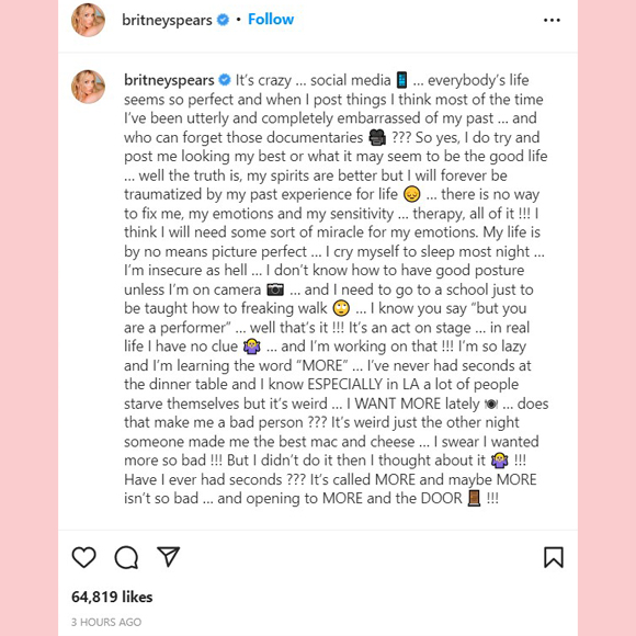 britney spears instagram post cries self to sleep trauma insecurity