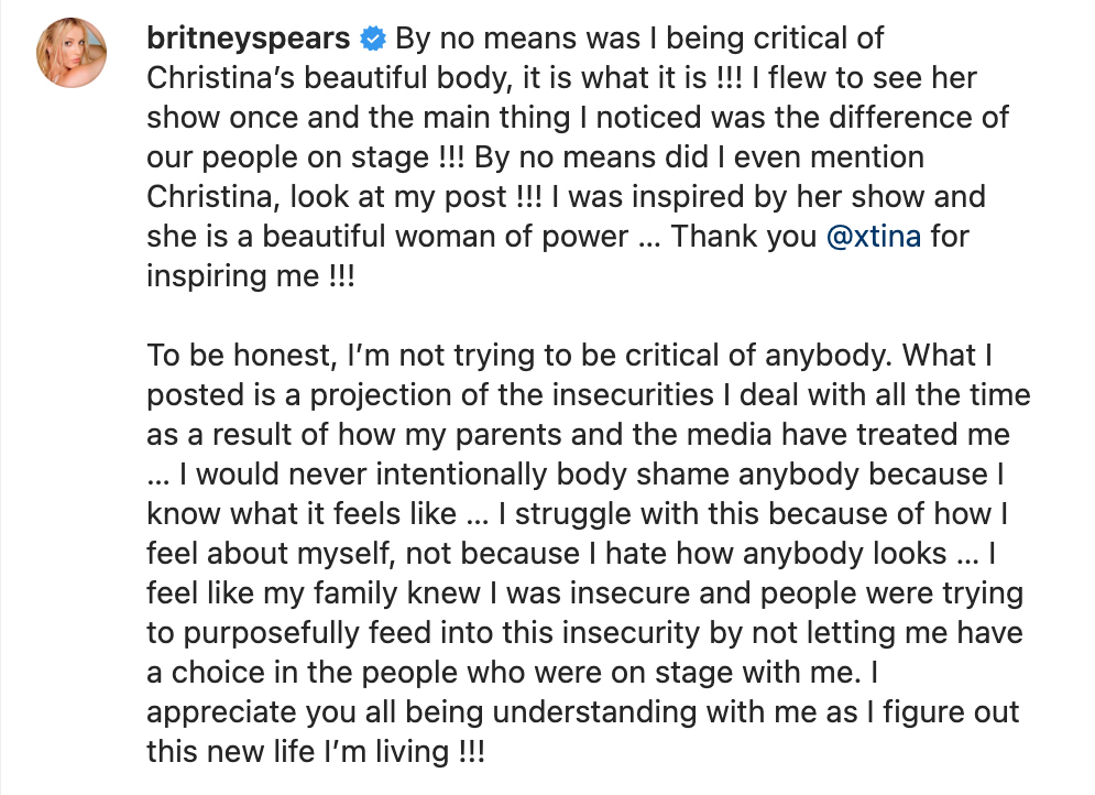 Britney Spears IG caption on Christina Aguilera