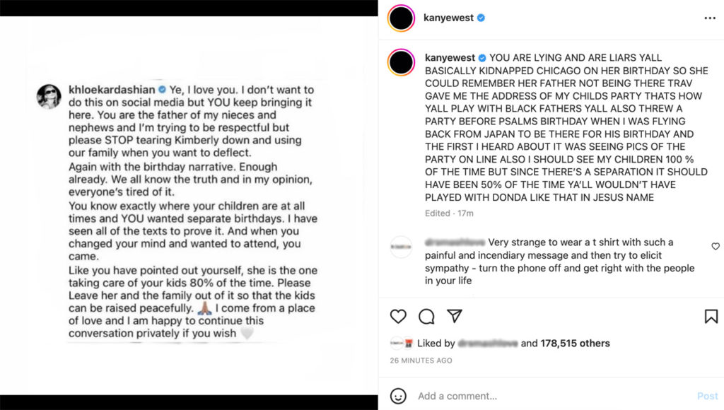 Kanye West calls out Khloé Kardashian for defending her family