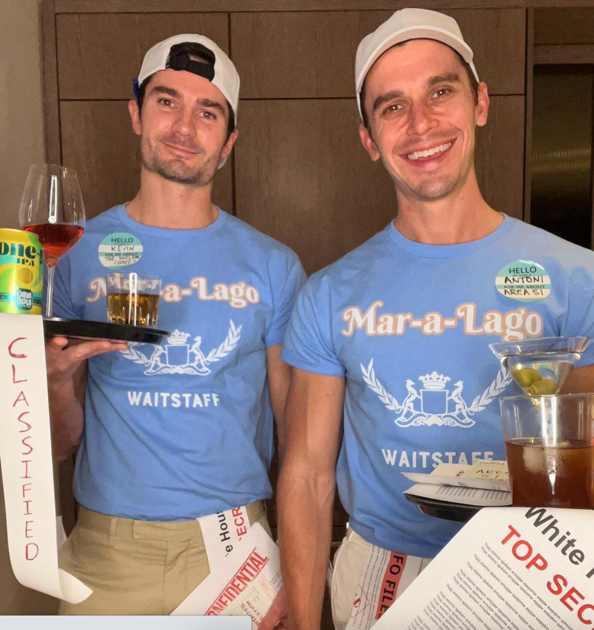 Antoni Porowski and his boyfriend as Mar-a-lago waiters