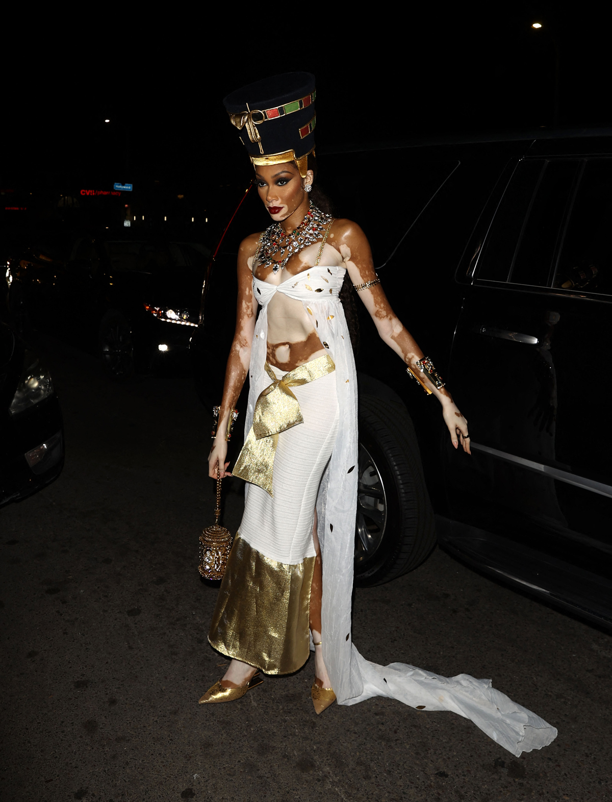 Winnie Harlow dressed as Cleopatra was seen arriving to Kylie Jenners private Halloween Party in West Hollywood