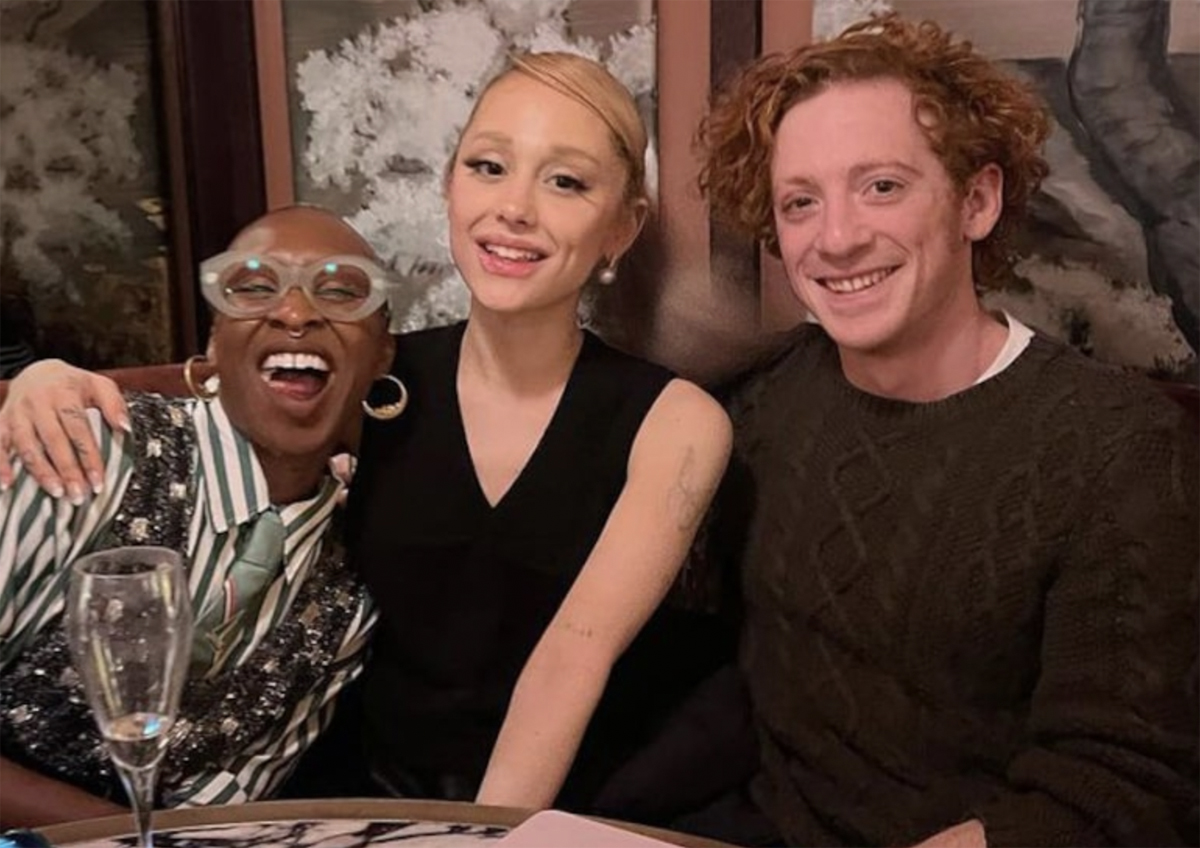 Ariana Grande and Ethan Slater with co-star Cynthia Erivo at Michelle Yeoh Oscar party
