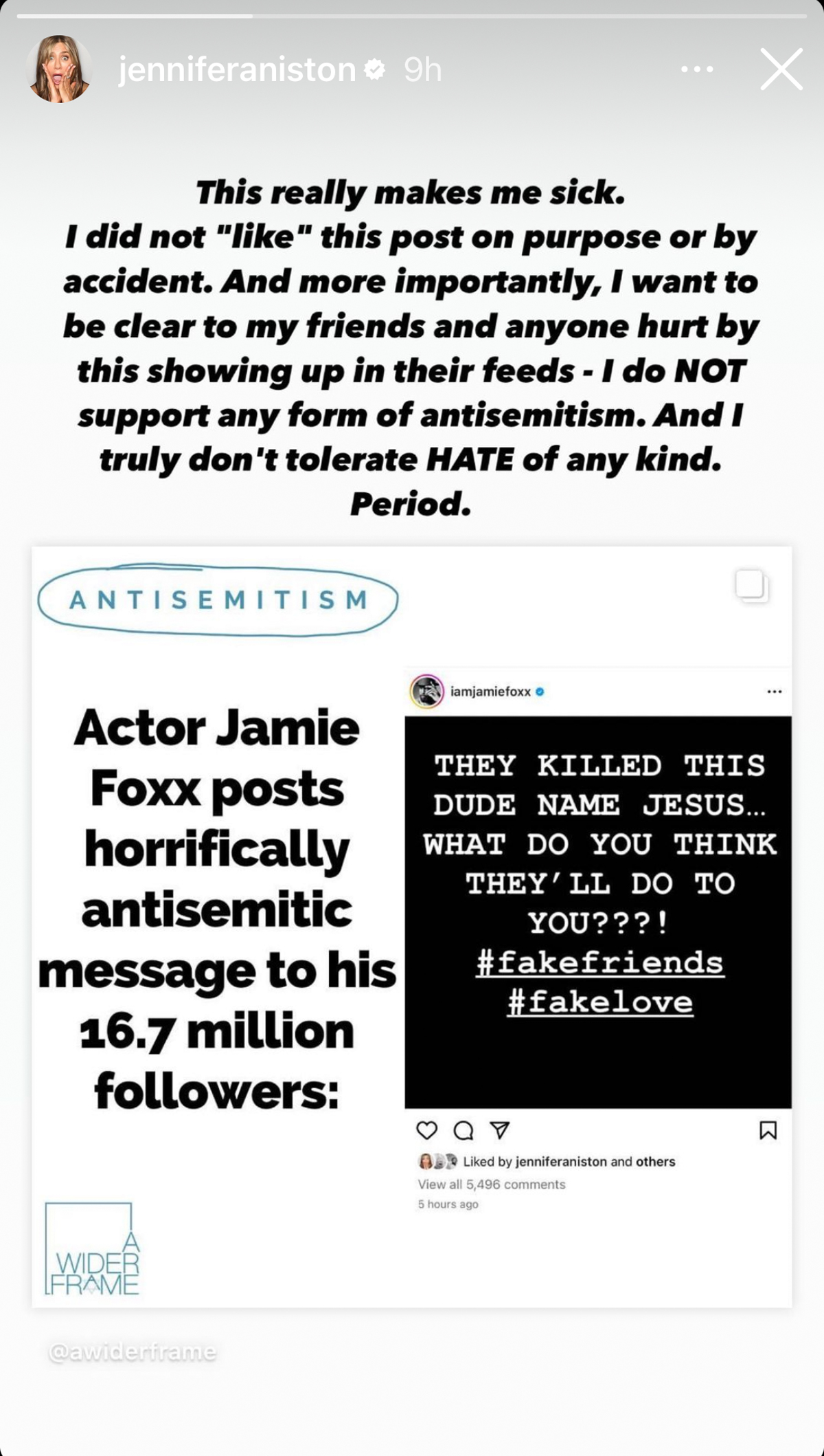 Jennifer Aniston Condemns Antisemitism After Liking Jamie Foxx’s ‘Fake Friends’ Post
