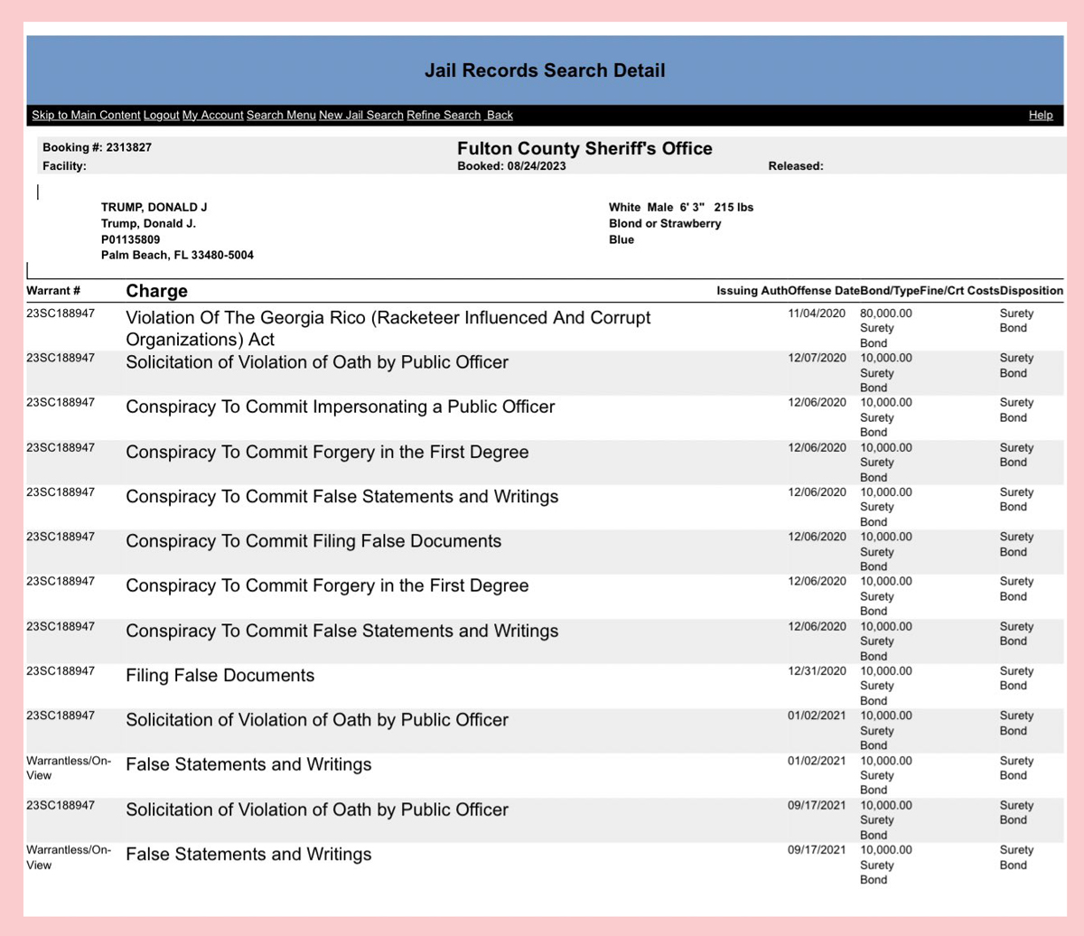 Trump Booking Document