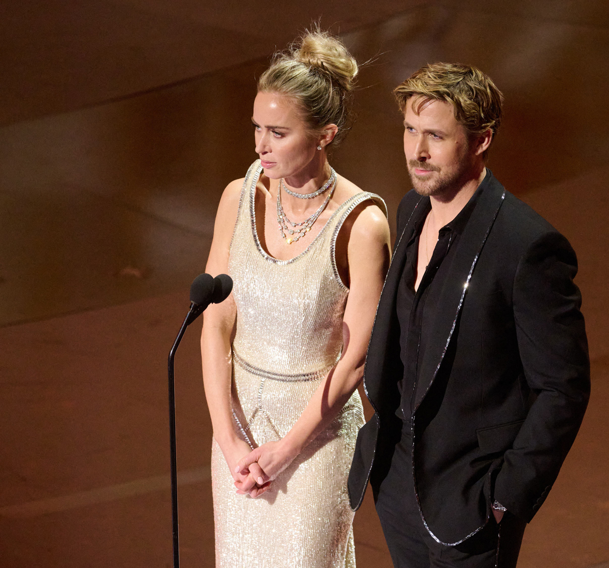 Emily Blunt onstage at Oscars with Ryan Gosling