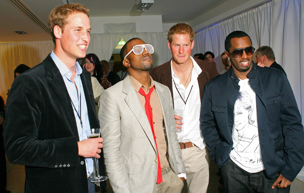 Prince Harry and Prince William with Kanye West and Diddy at Concert for Diana