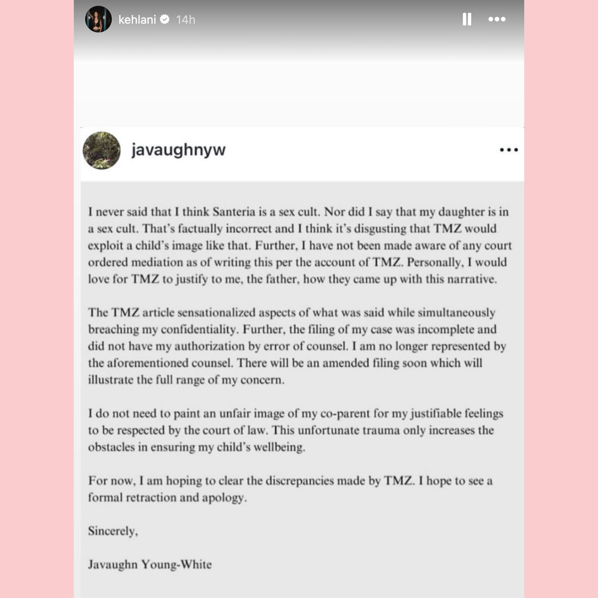 Javaughn Young-White addresses cult claims against ex Kehlani