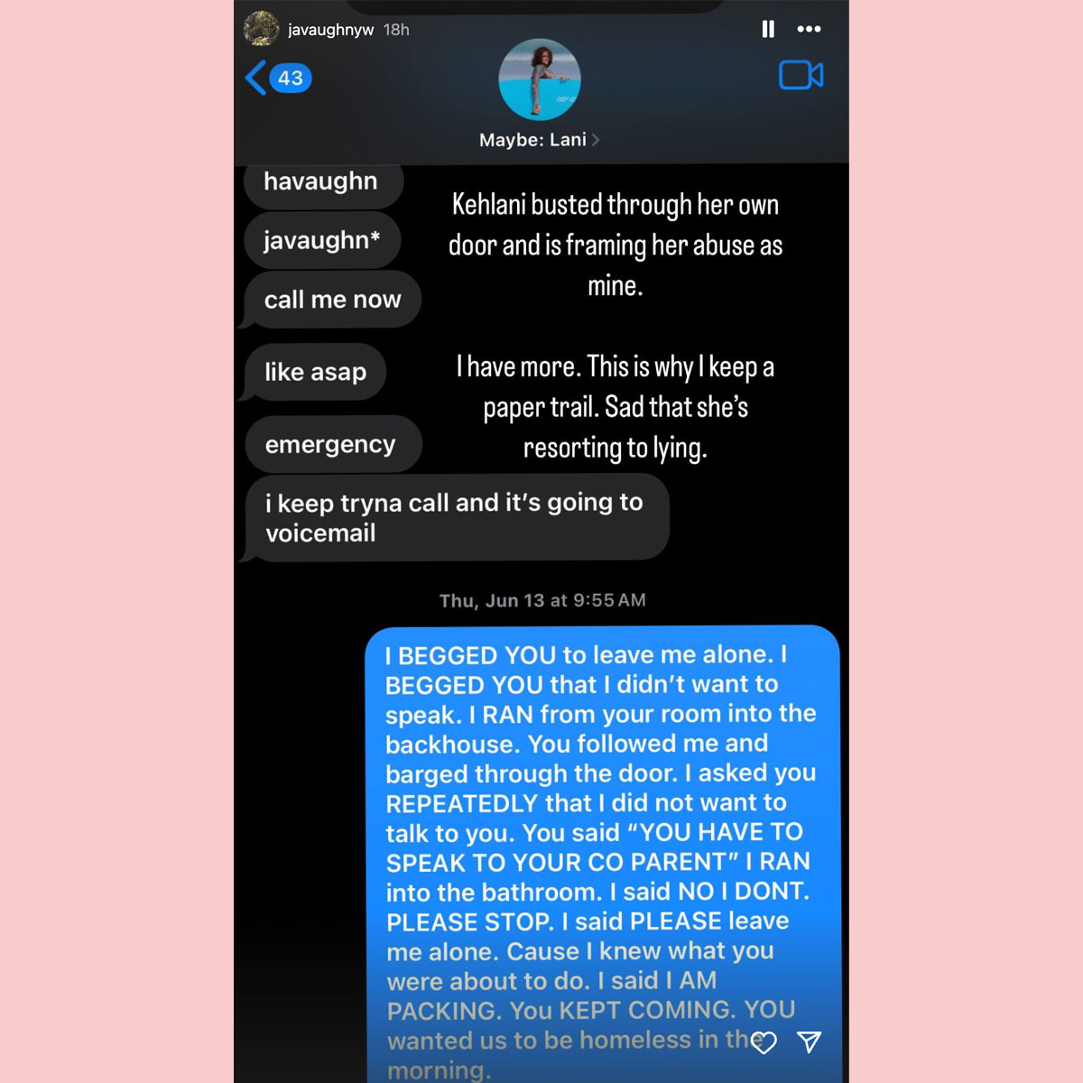 Kehlani's ex Javaughn shares alleged text exchanges