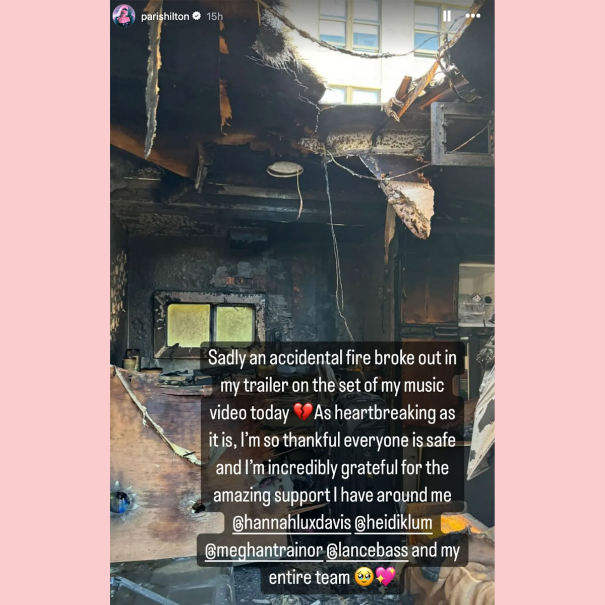 Paris Hilton shows aftermath of burnt down trailer