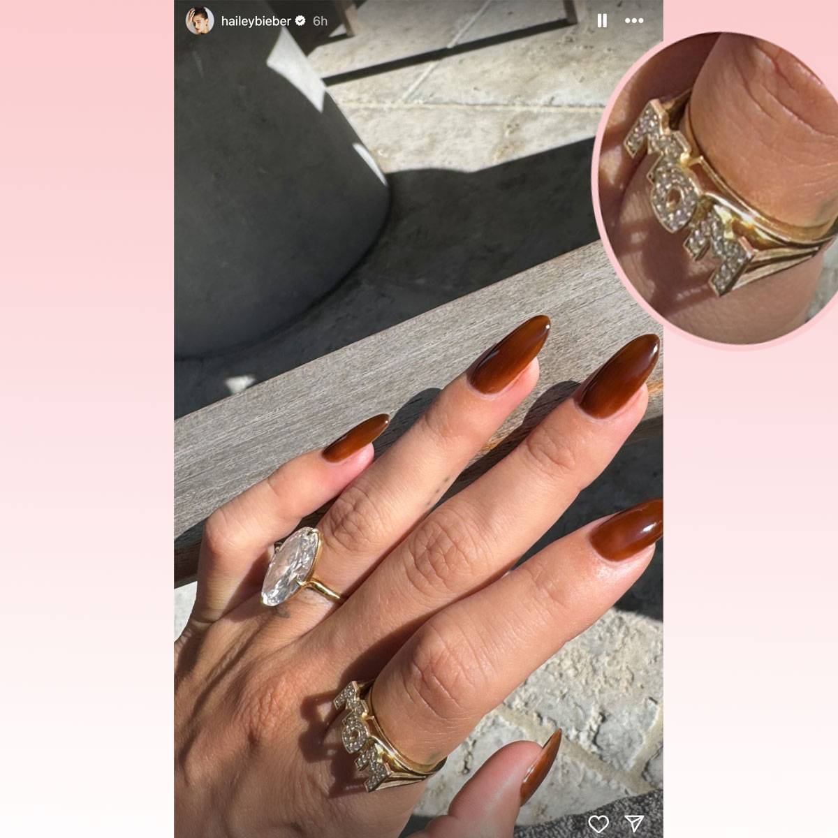 Hailey Bieber shows off 'Mom' ring