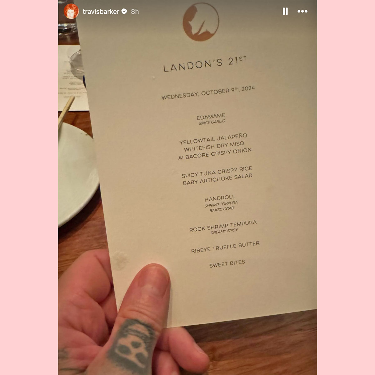 Travis Barker shares menu for Landon's 21st birthday