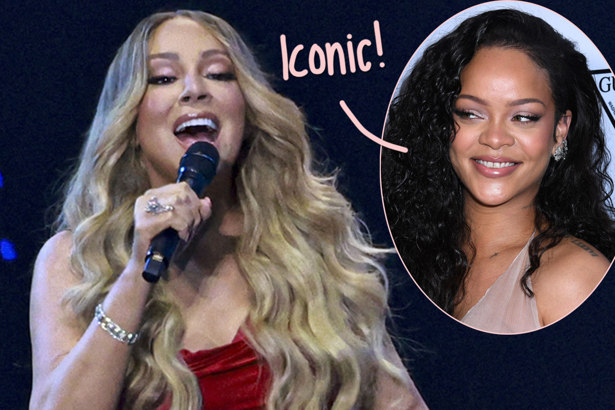 OMG! Watch Mariah Carey Sign Rihanna’s Boob During Christmas Concert! Perez Hilton