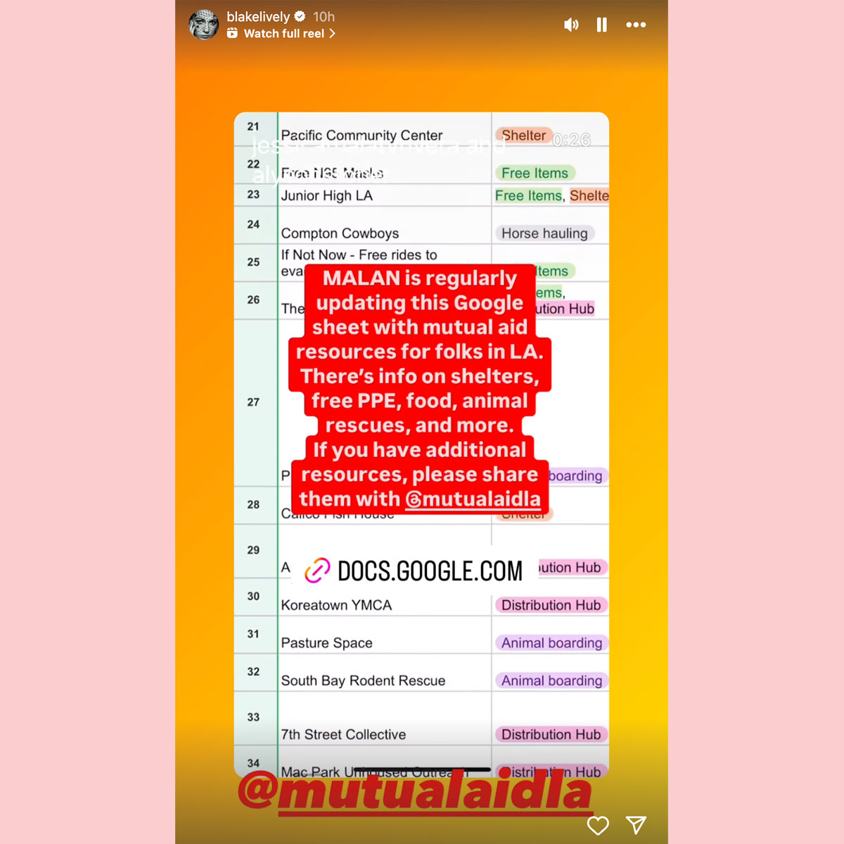 Blake Lively shares link to resources amid California wildfires