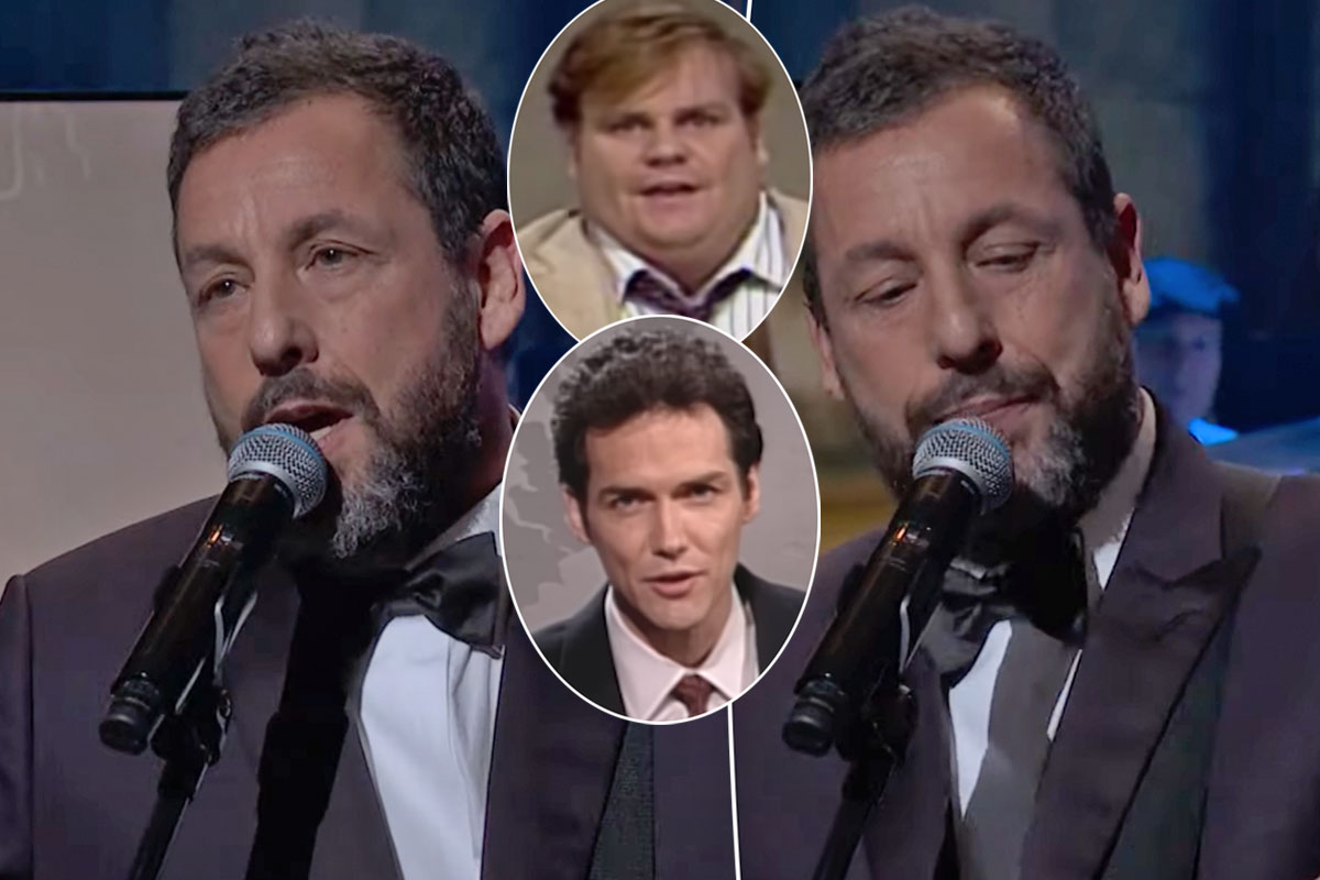 Adam Sandler Breaks While Singing About Fallen Friends Chris Farley & Norm  Macdonald At SNL 50 - Perez Hilton