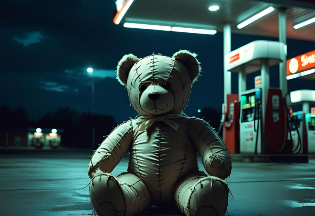 creepy bear outside gas station
