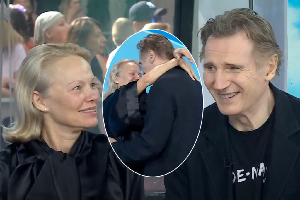 Pamela Anderson & Liam Neeson Playfully React To Romance Rumors… With Another Steamy Kiss!