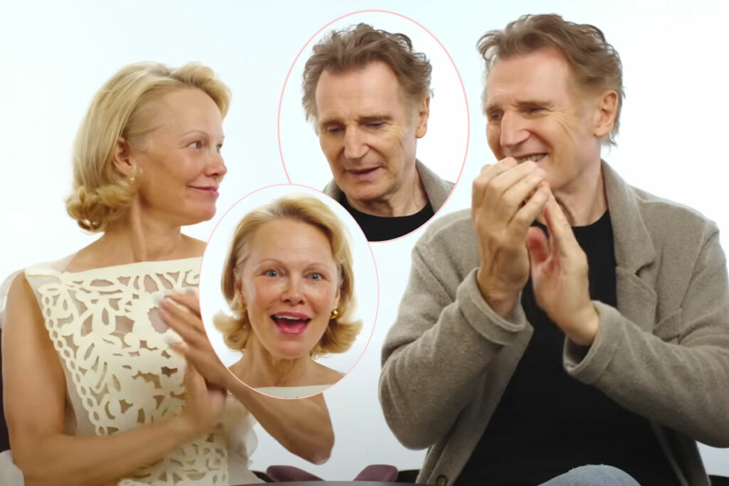 Watch Pamela Anderson & Liam Neeson's Chemistry While Exchanging Snacks In Adorable New Video!