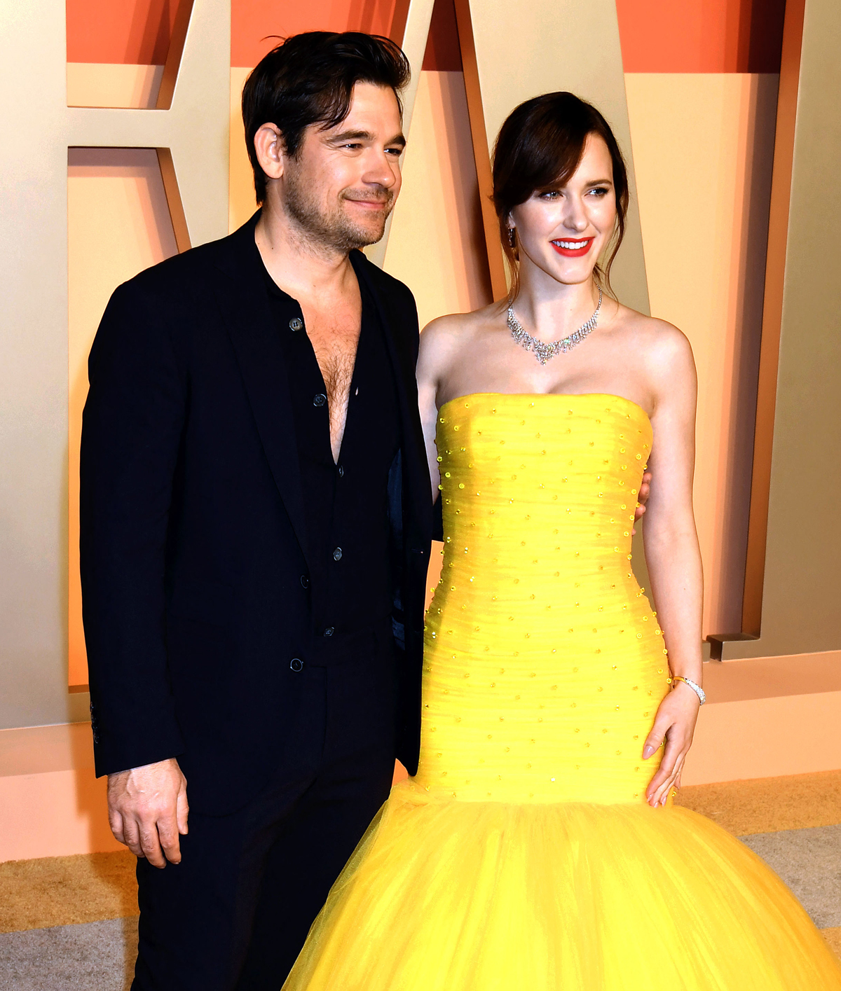 Rachel Brosnahan and husband Jason Ralph at the 2025 Vanity Fair Oscars party
