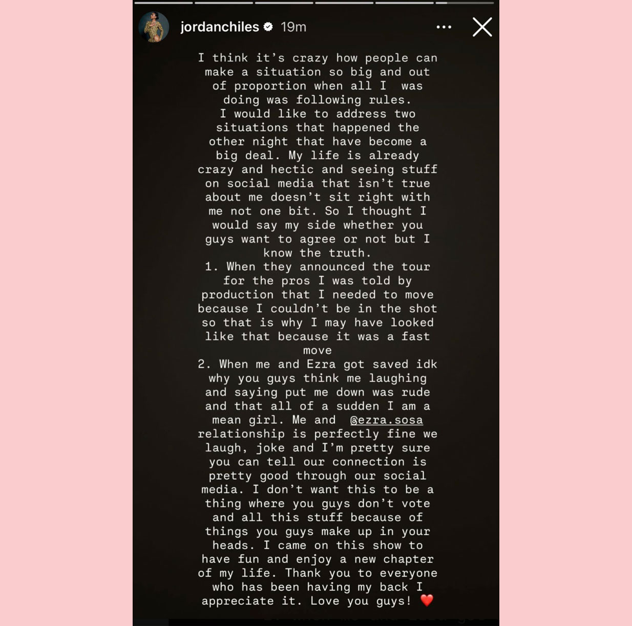 Jordan Chiles ig story response