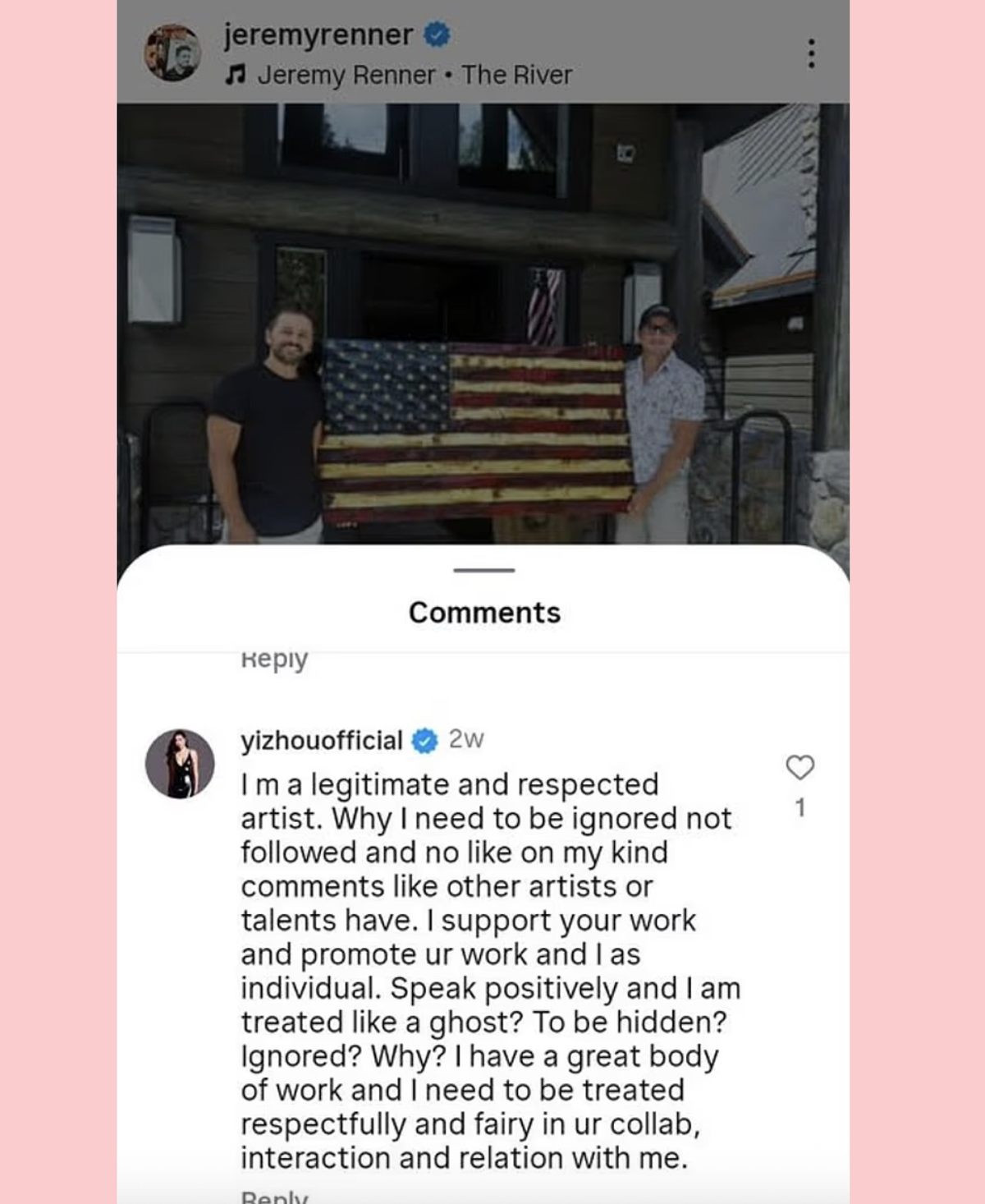 Yi Zhou comment on Jeremy Renner Instagram