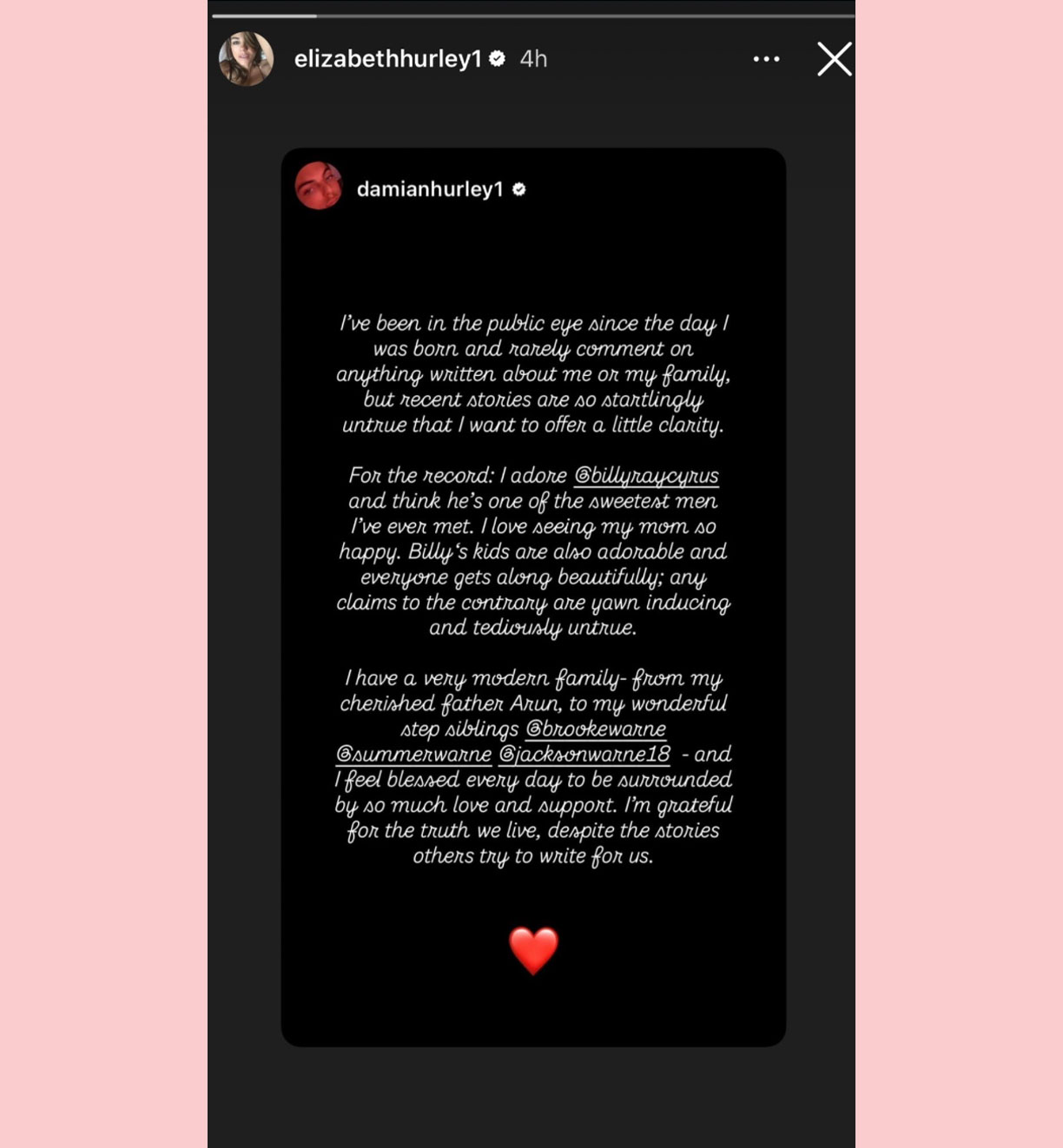 Damian Hurley Elizabeth billy ray Cyrus message instagram