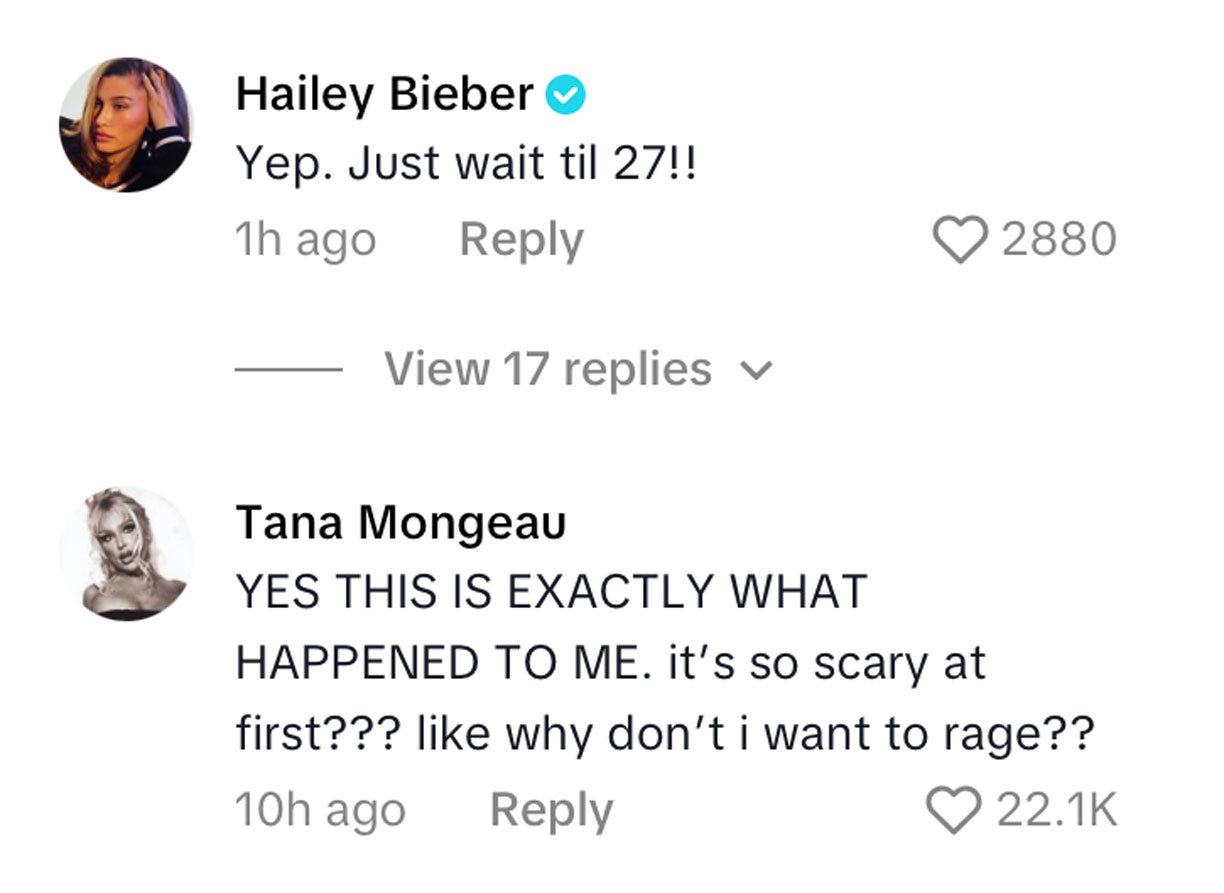 Hailey Bieber Tana Mongeau comments on Alix Earle post