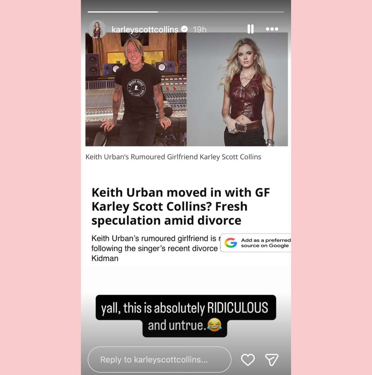 Karley Scott collins reaction to Keith urban rumors