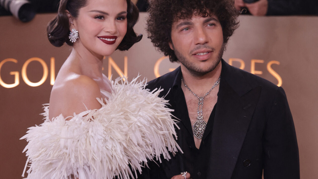 selena golden globes dress Selena Gomez Grape Velvet 2023 Golden Globes Awards Dress main image 1