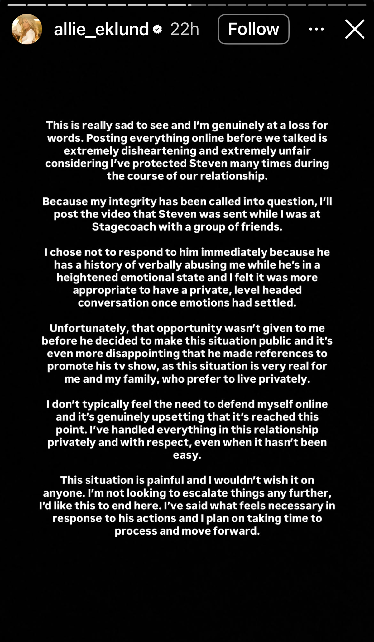 Allie Ecklund response to cheating allegations