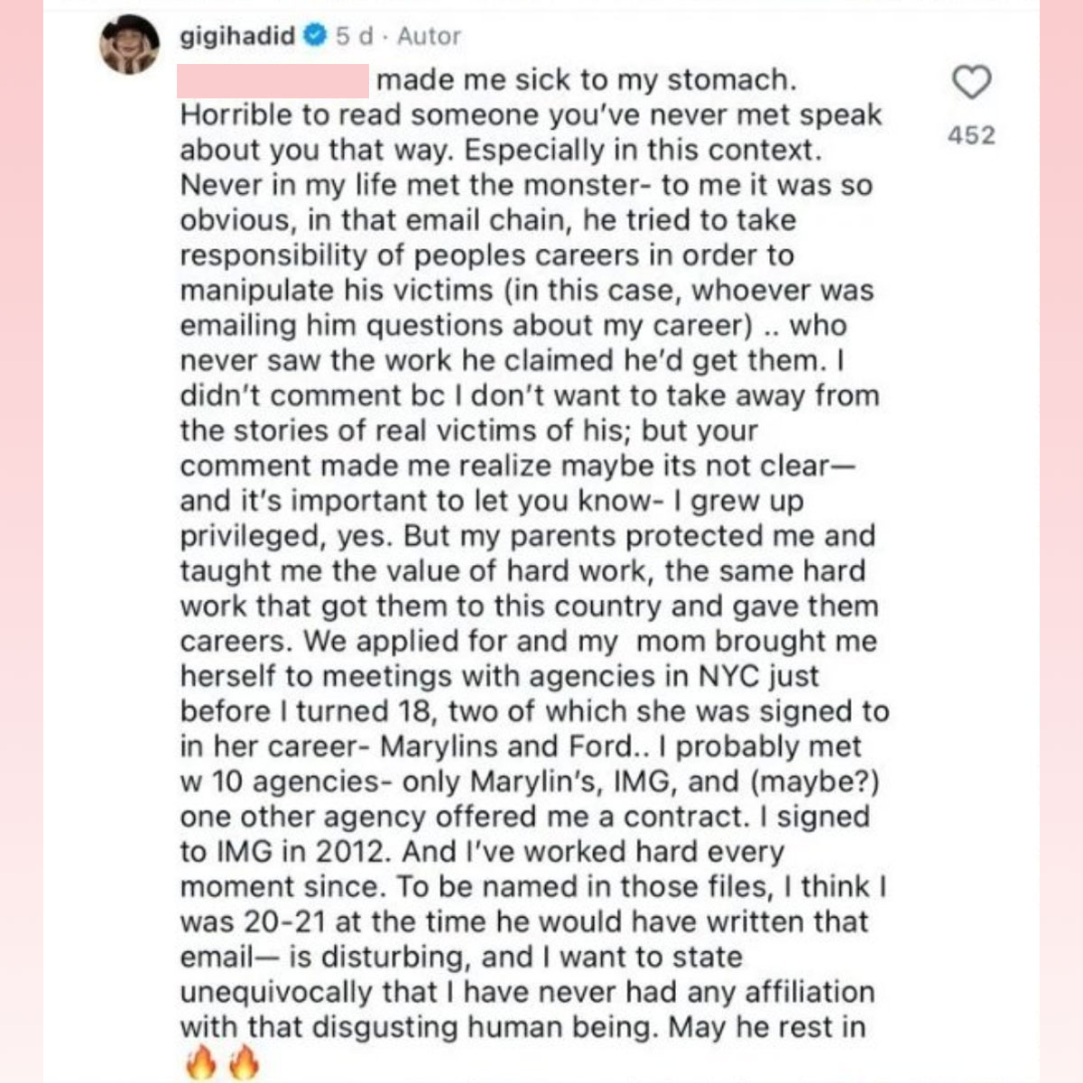 Gigi Hadid breaks silence on being named in Epstein Files