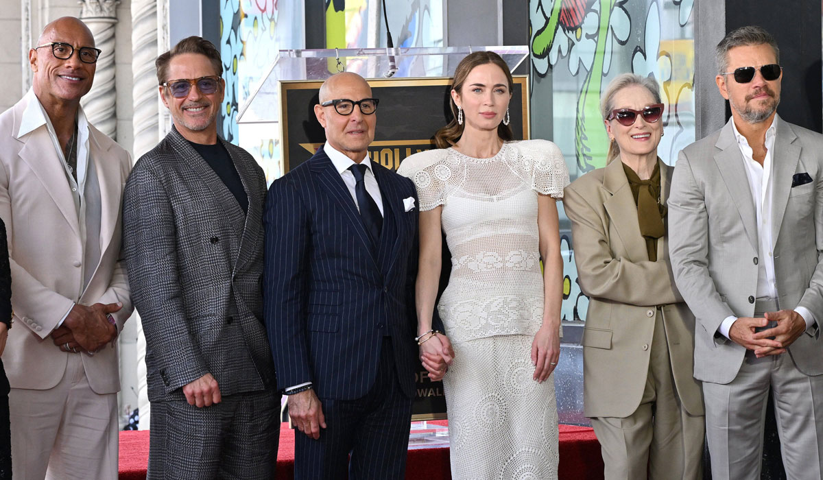 stanley tucci, Emily blunt, Robert downey jr, Dwayne the rock Johnson, Matt Damon, Meryl Streep Hollywood walk of fame